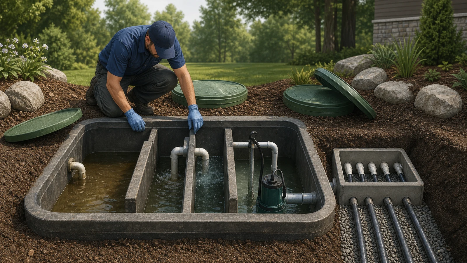 Common septic components that need repair: baffles, an effluent pump, pipes and a distribution box