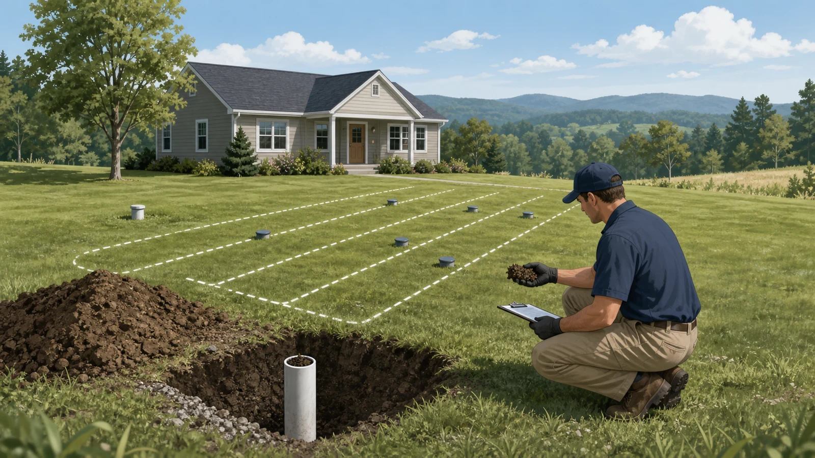 Residential drain field being evaluated for repair or replacement on a rural property