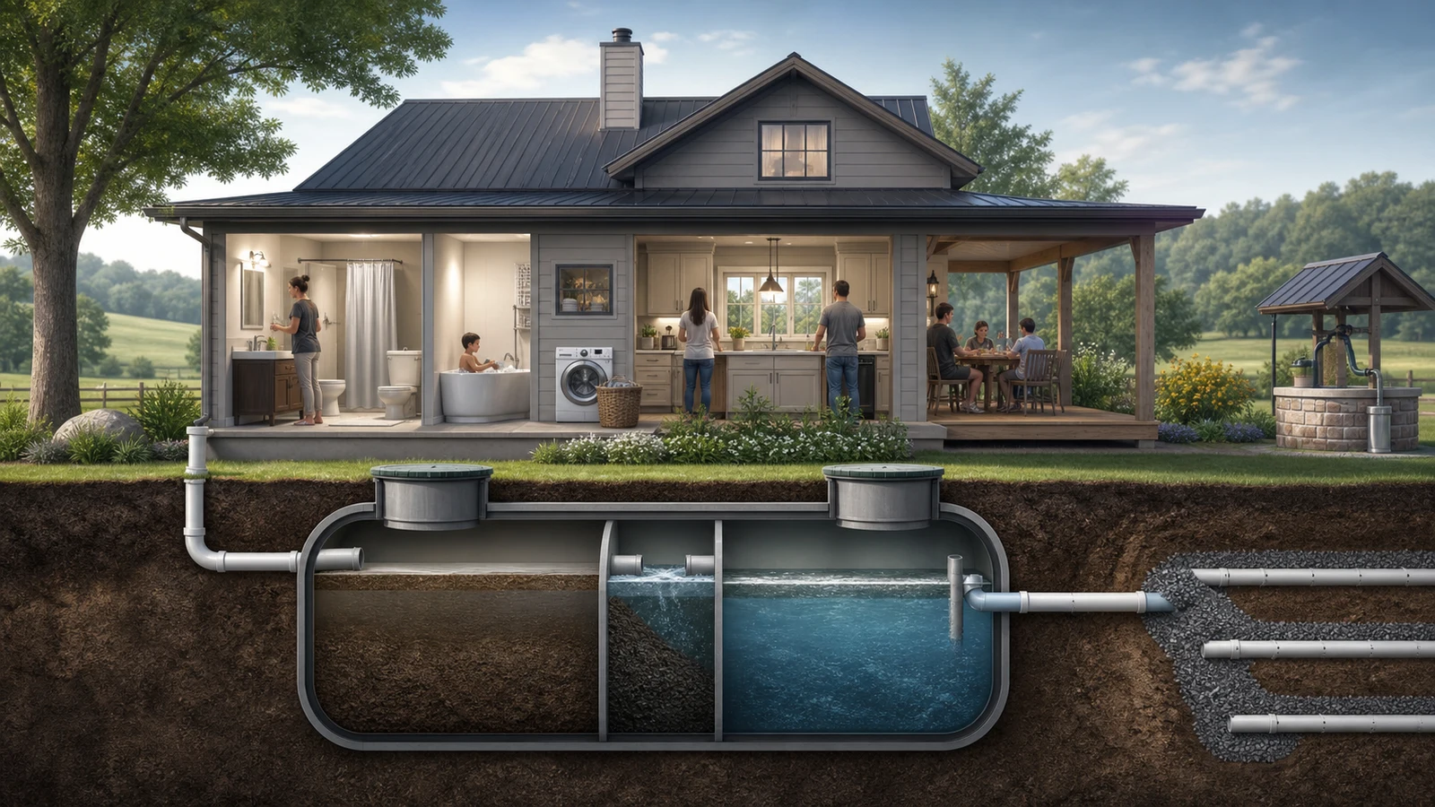 Illustration comparing factors that affect septic pumping frequency: household size, tank size, water use and garbage-disposal use