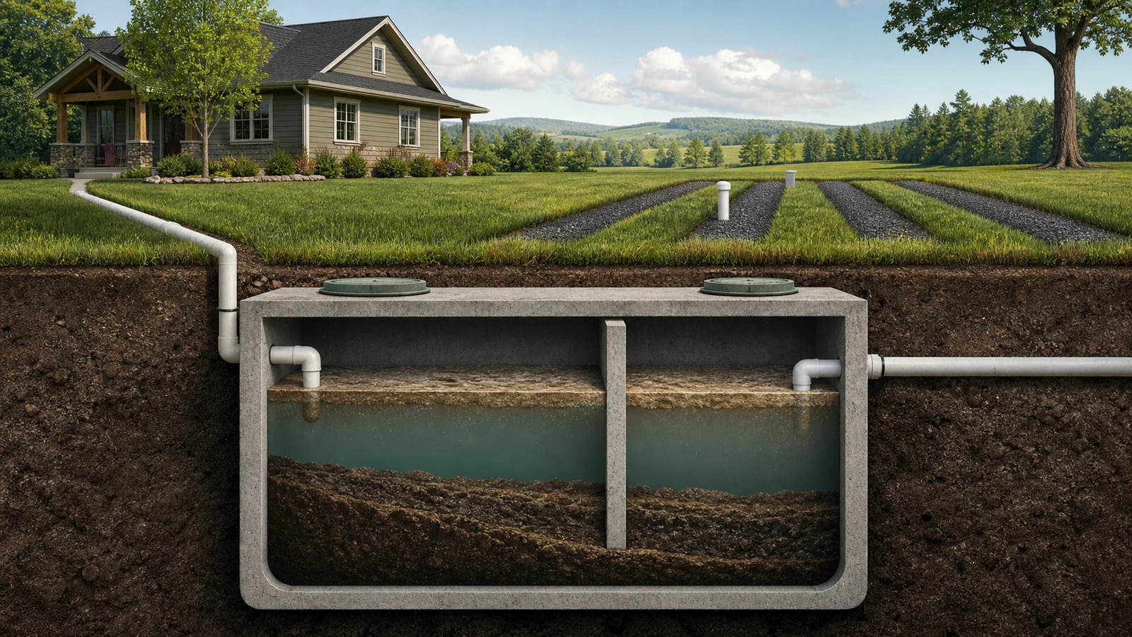 Cutaway illustration of a residential septic tank showing the settled sludge layer, liquid layer and floating scum layer
