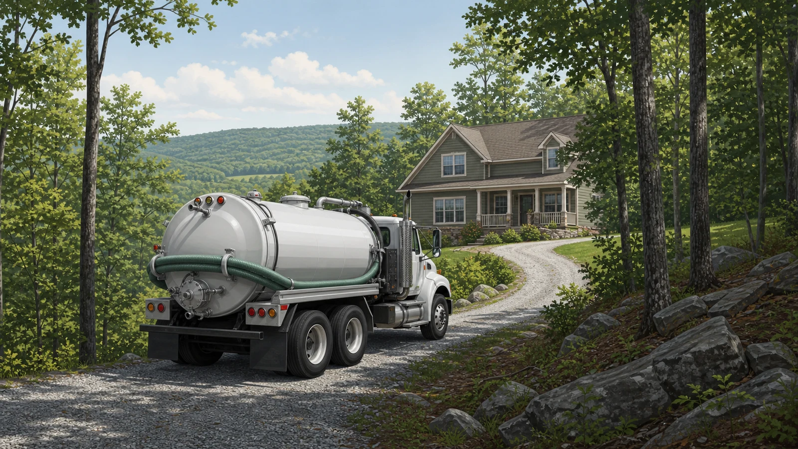 Septic service truck navigating sloped, wooded Upper Cumberland terrain to reach a tank