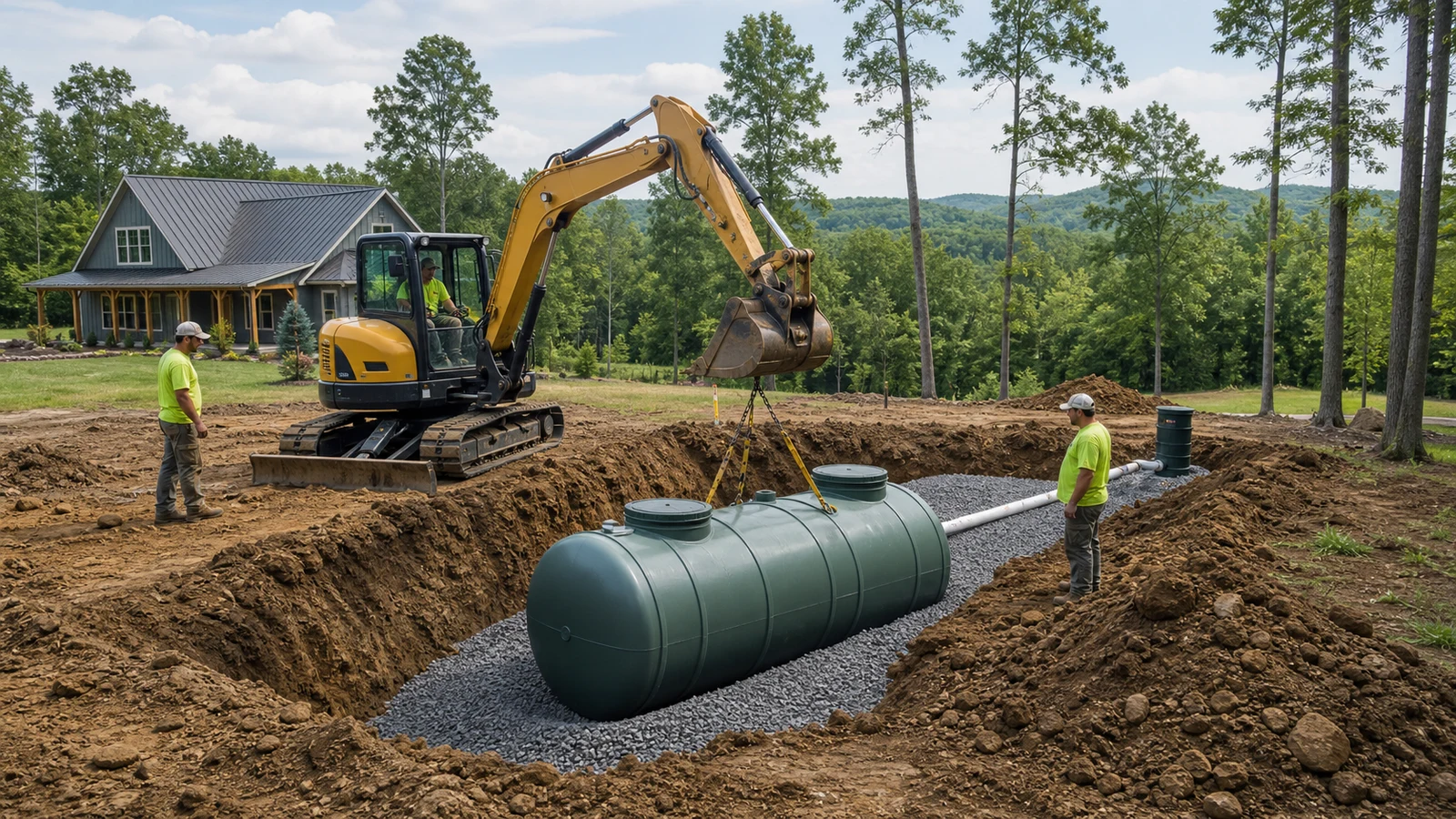New residential septic system installation in progress on a rural Tennessee lot