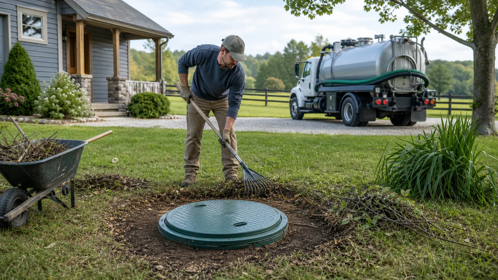 Homeowner clearing access to a septic tank lid ahead of a service visit