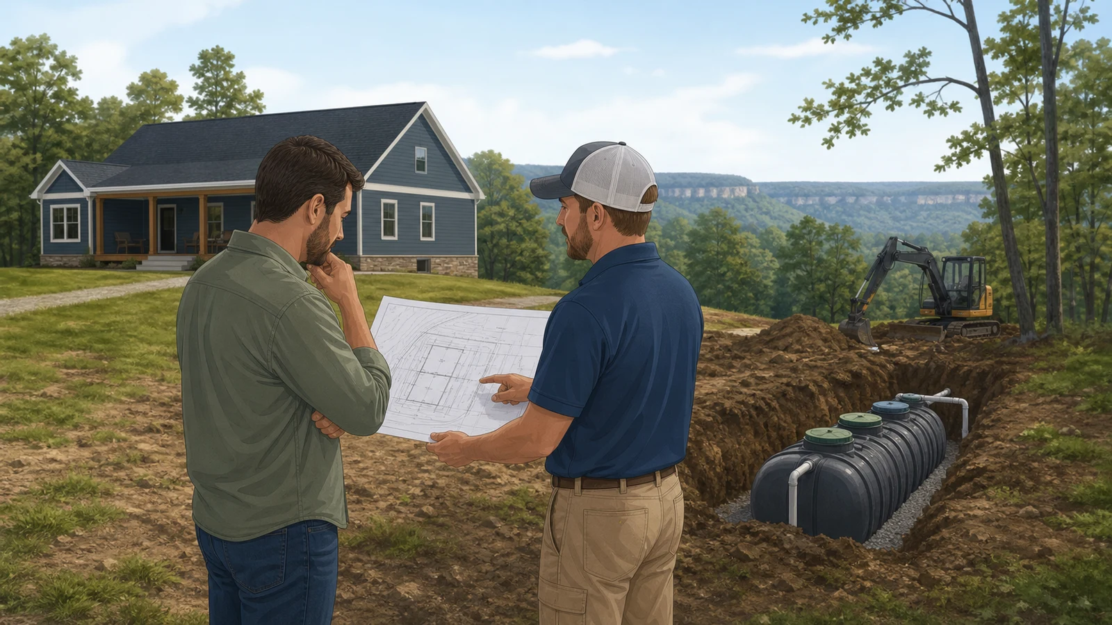 Property owner discussing septic installation plans with a provider on site