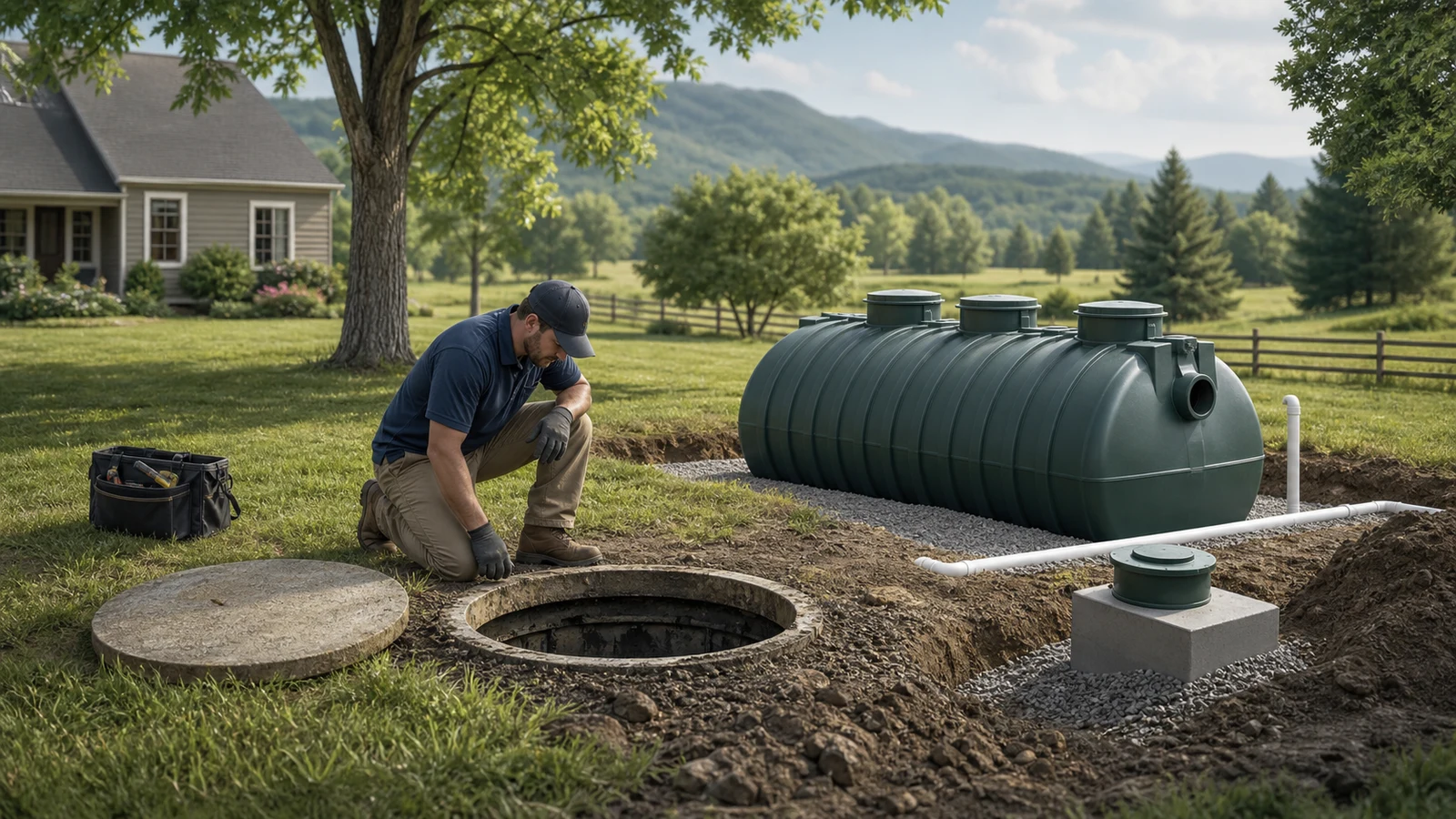 Aging septic system being assessed for replacement on a residential property