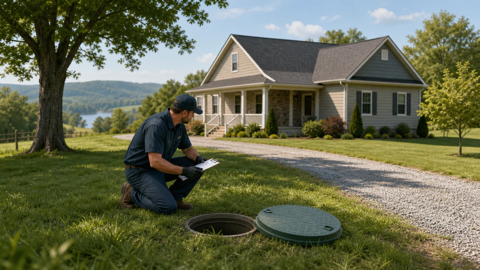 Septic service provider reviewing tank access and property conditions before estimating service