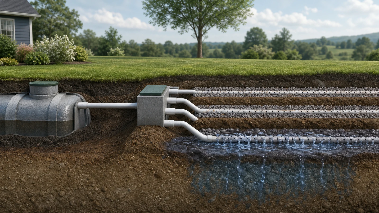 Septic distribution box directing flow to drain-field lines, with one line overloaded