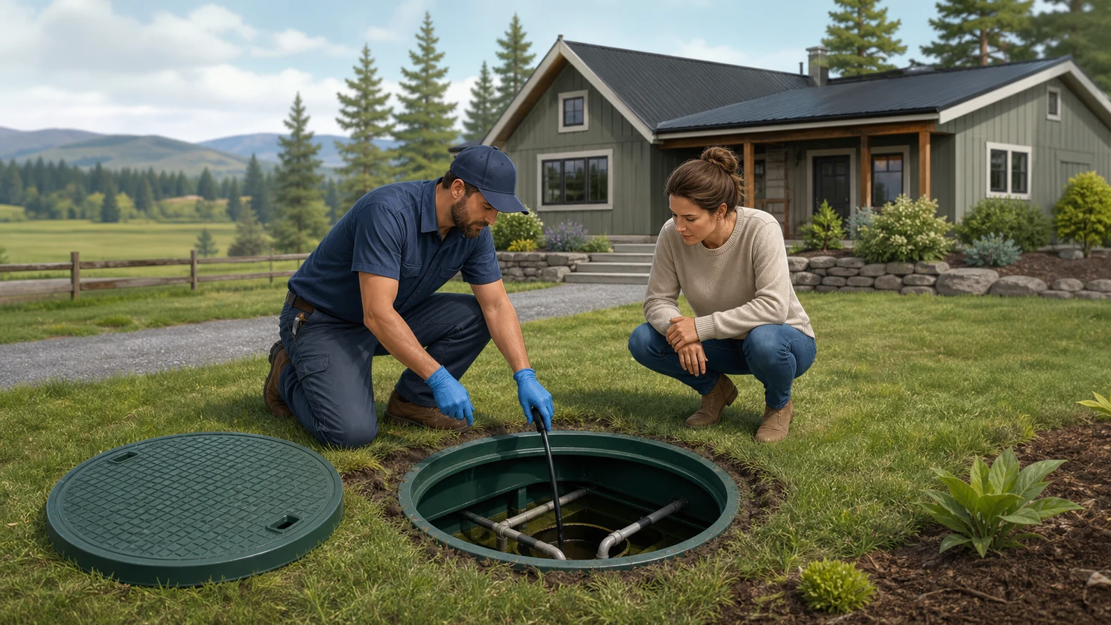 Illustration of a septic inspection at a home being purchased, with a provider evaluating an opened tank in a rural yard