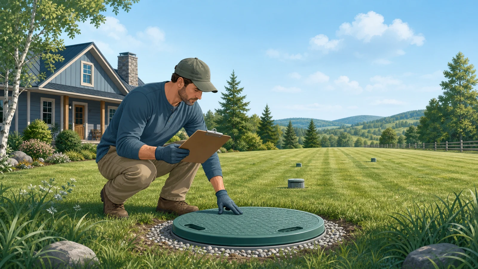 Septic maintenance checklist alongside a residential septic system and drain field