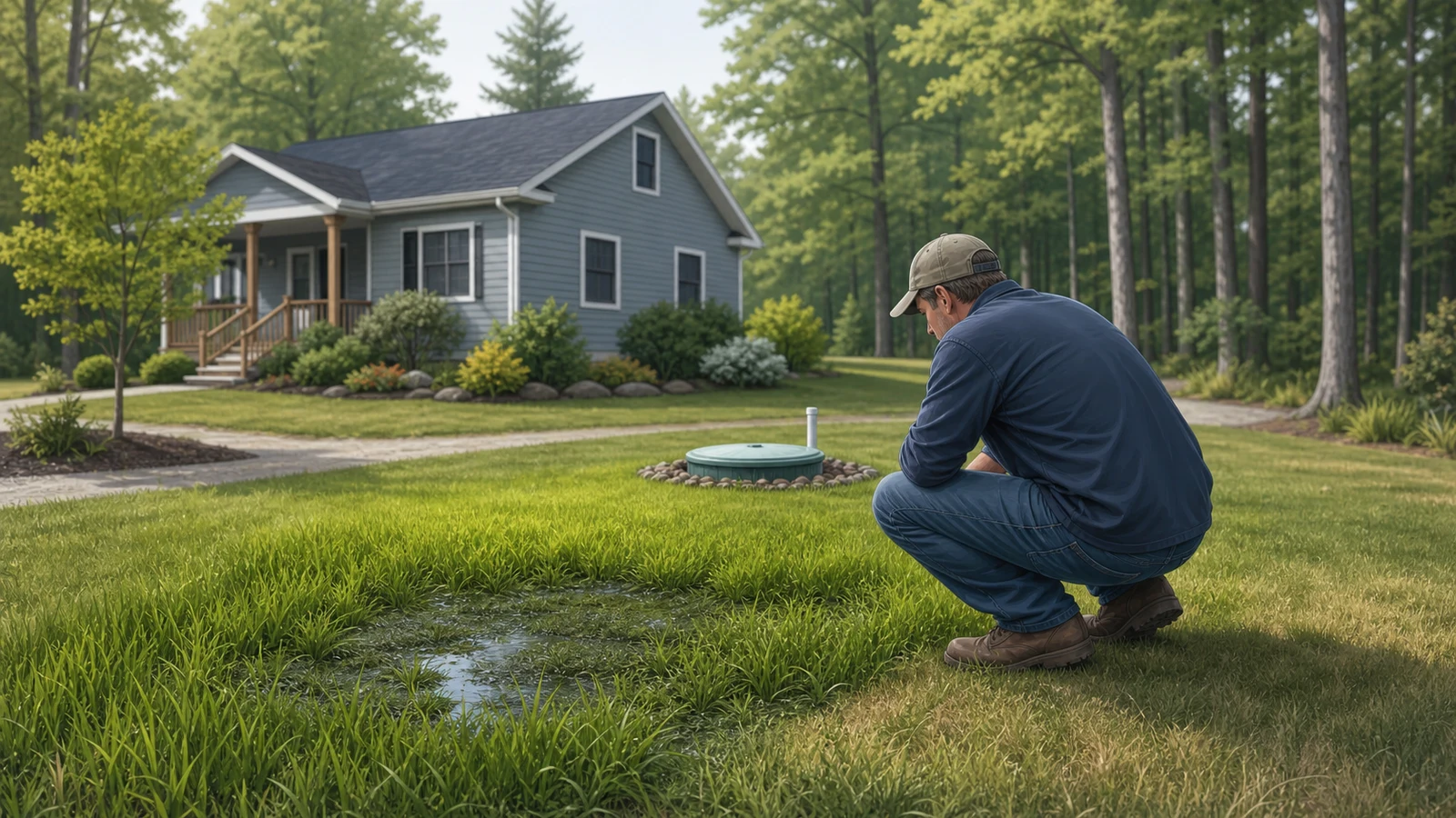Property owner observing warning signs near a residential septic system