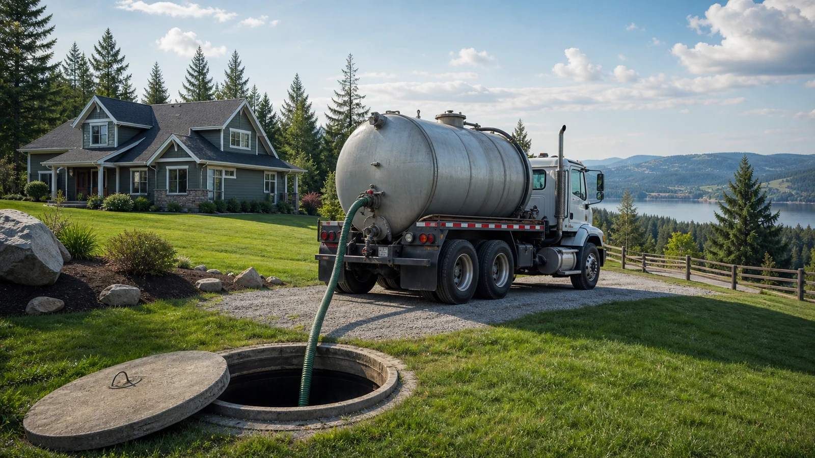 Septic pump truck servicing a residential tank, illustrating the access and tank-size factors that affect cost