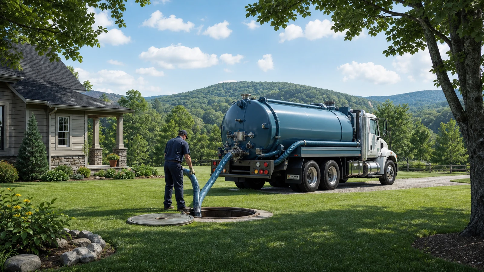 Septic pumping equipment servicing an accessible residential septic tank