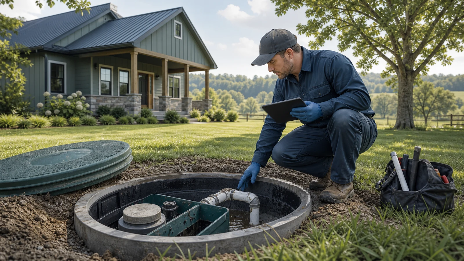 Septic professional evaluating tank components before recommending a repair