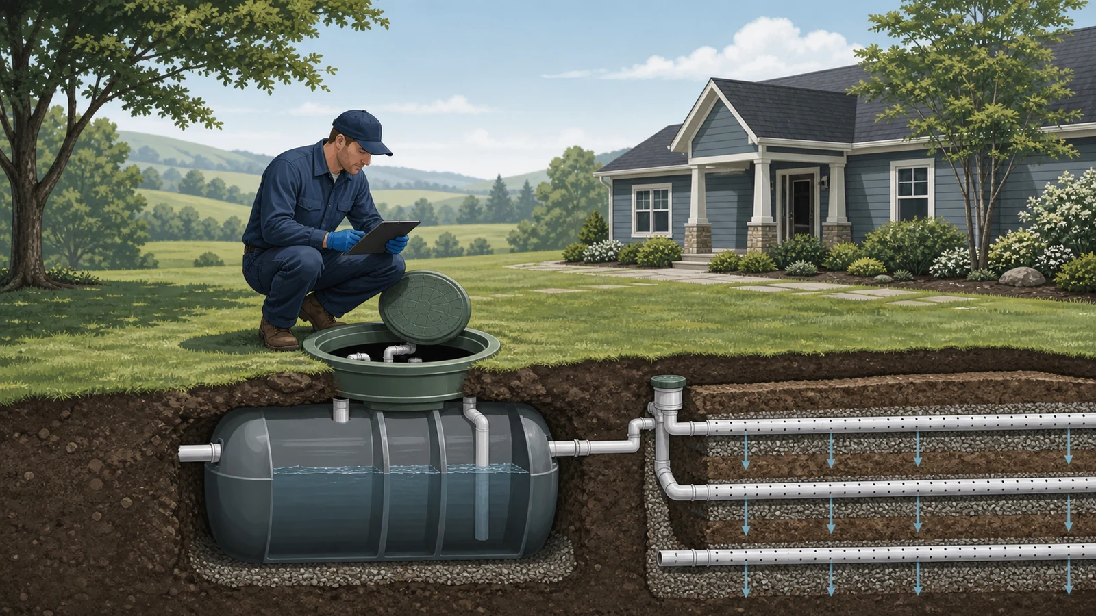 Septic professional evaluating tank components and a residential drain field