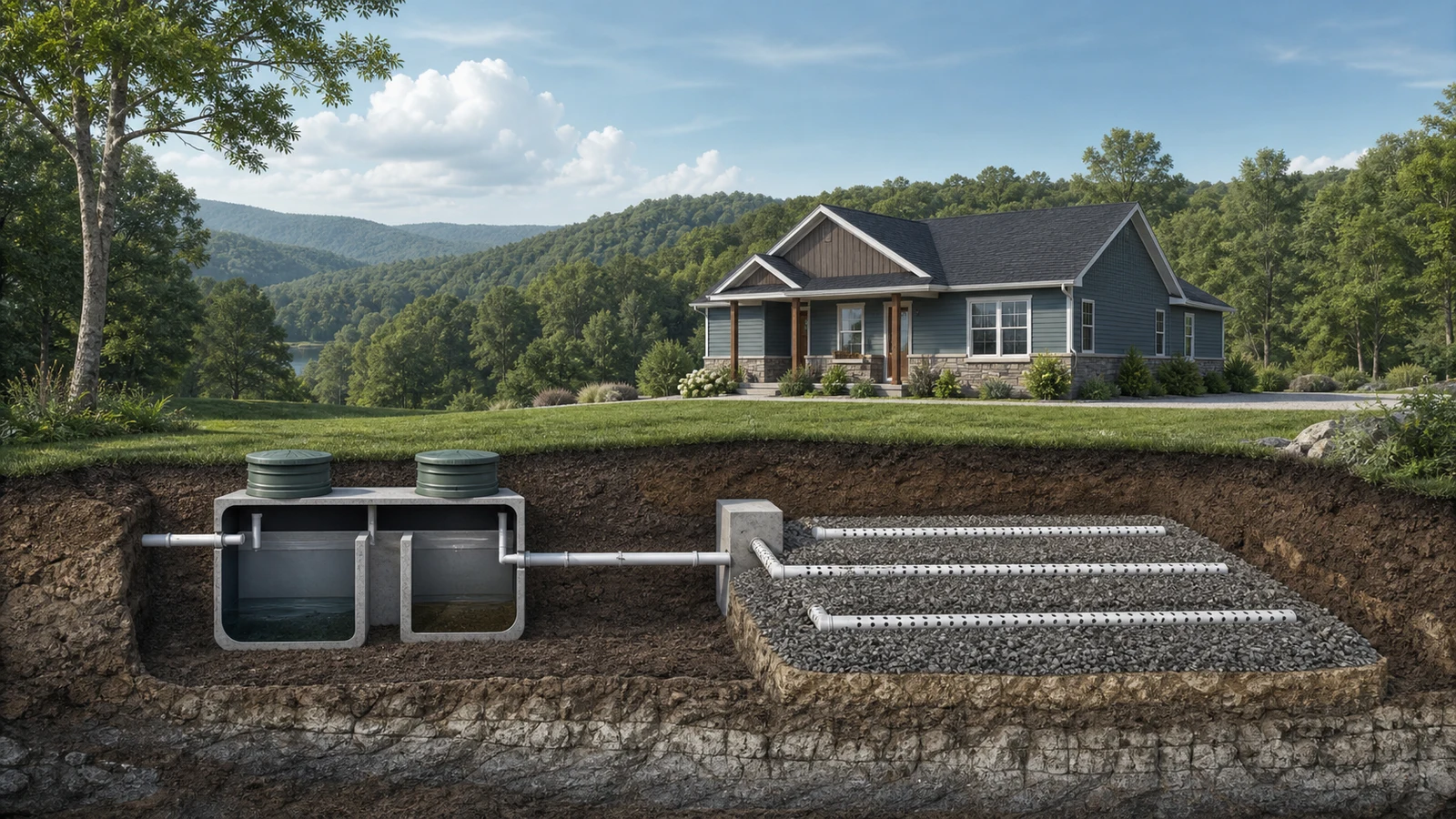 Illustration of a residential septic system and rural Upper Cumberland property