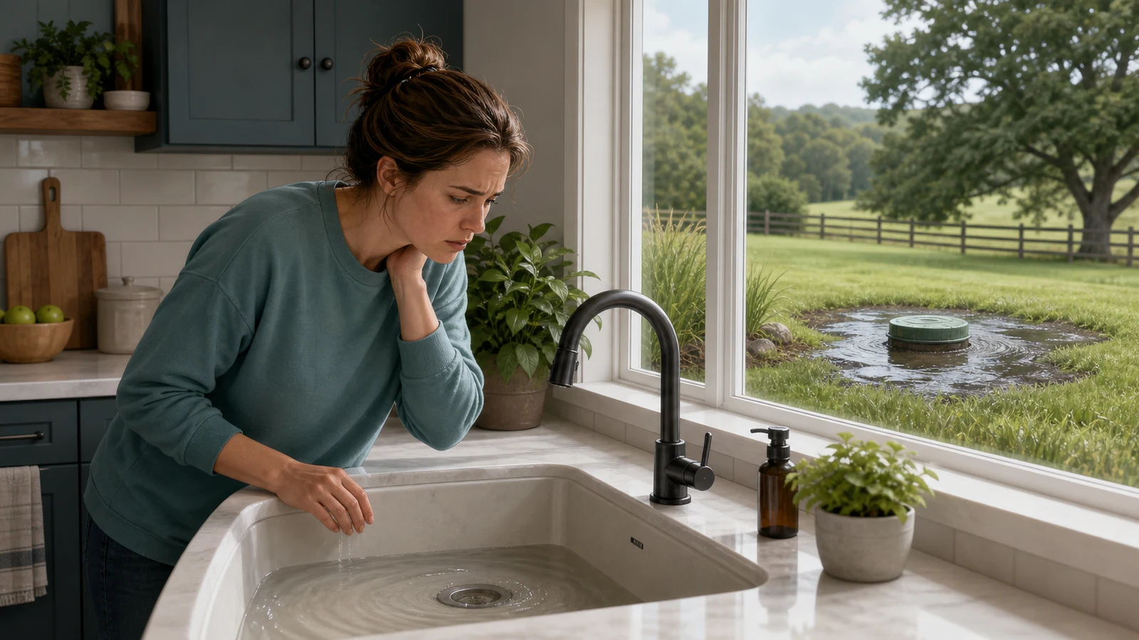 Illustration of a homeowner noticing slow drains and a wet area over the septic tank in the yard