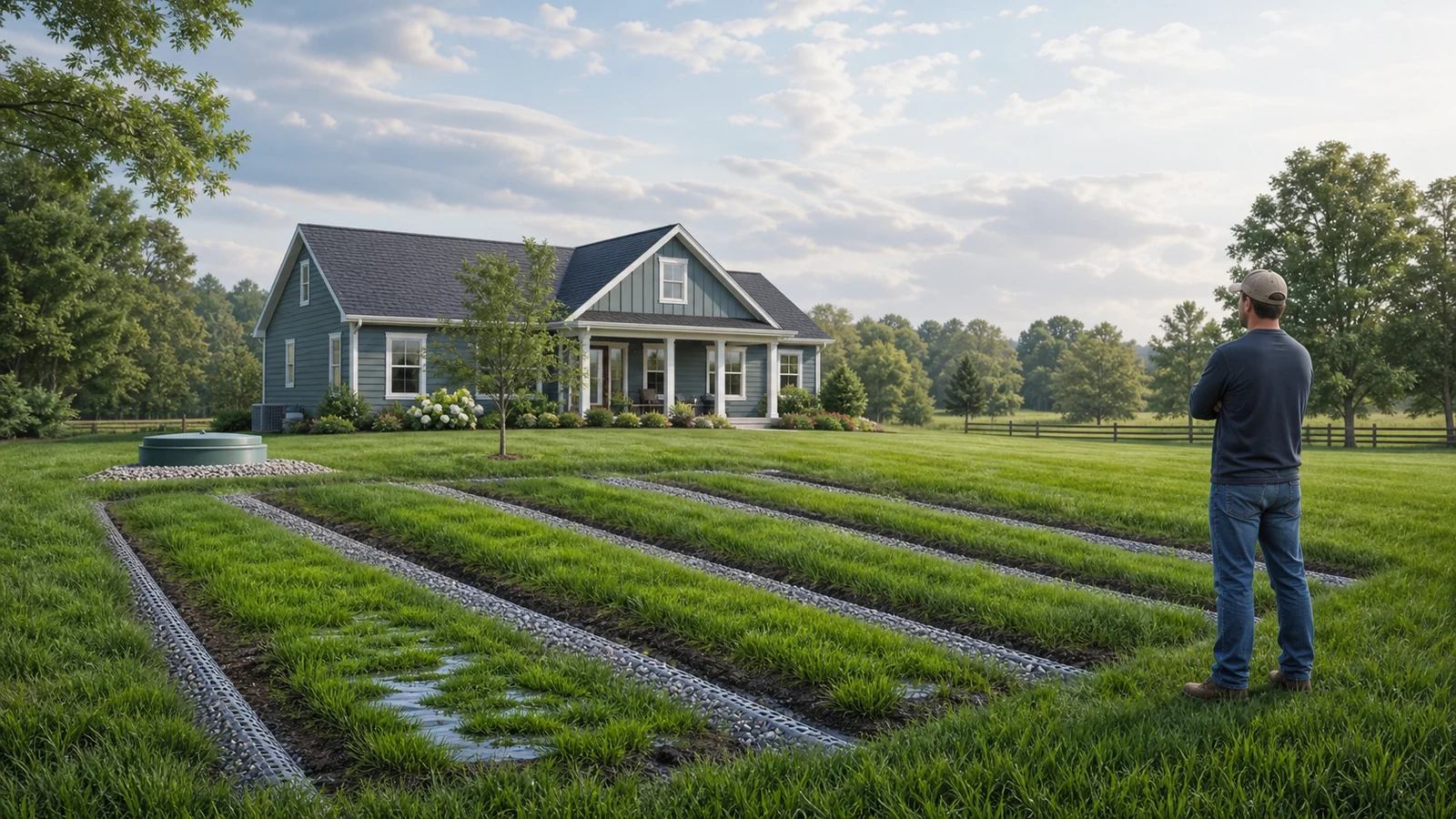Residential drain field showing wet spots and unusually green grass as warning signs