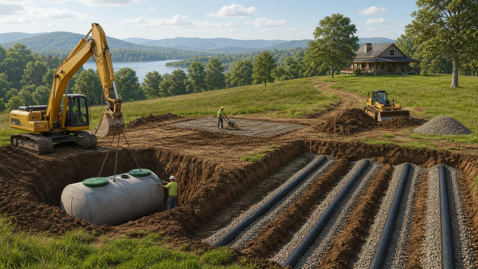 The stages of the septic installation process on a rural Tennessee property