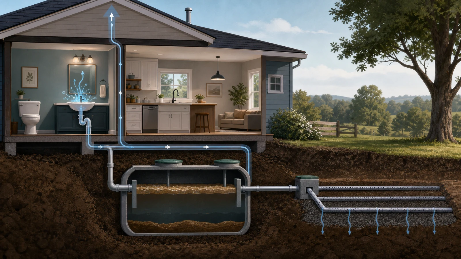 Air moving through household drains connected to a septic system, causing a gurgle