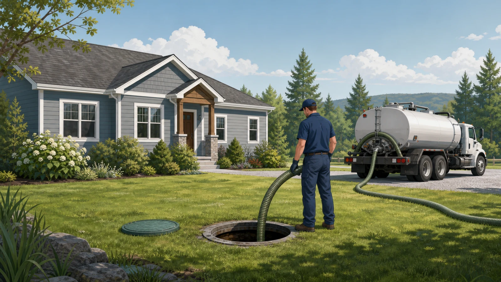 Septic pumping appointment showing a truck, an opened tank lid and a technician servicing the tank