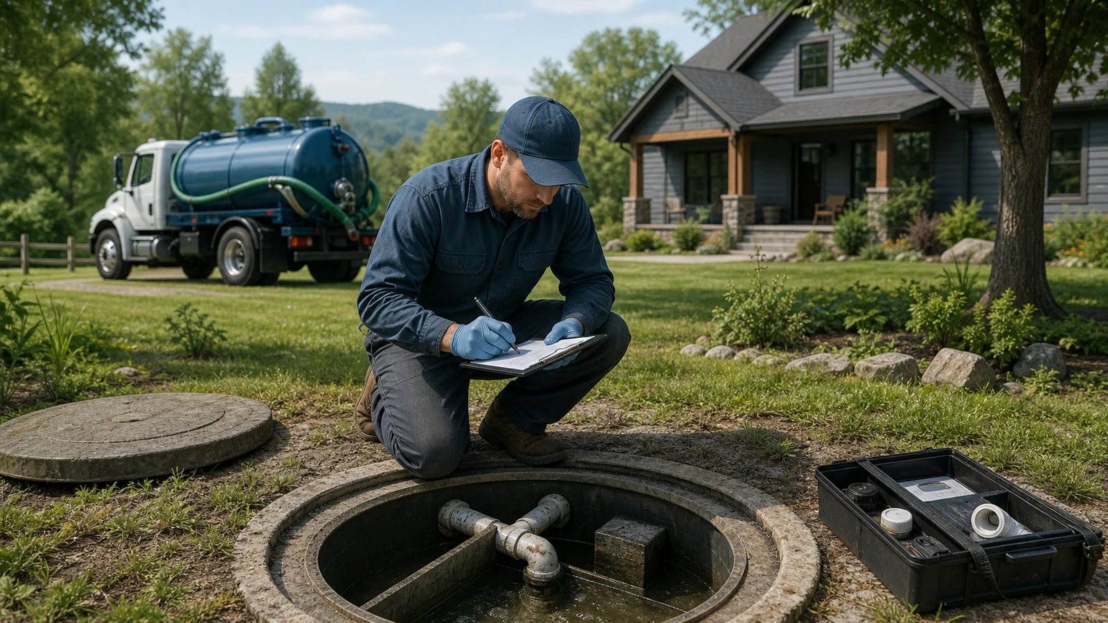 Septic inspection in progress showing tank access, evaluation and documentation