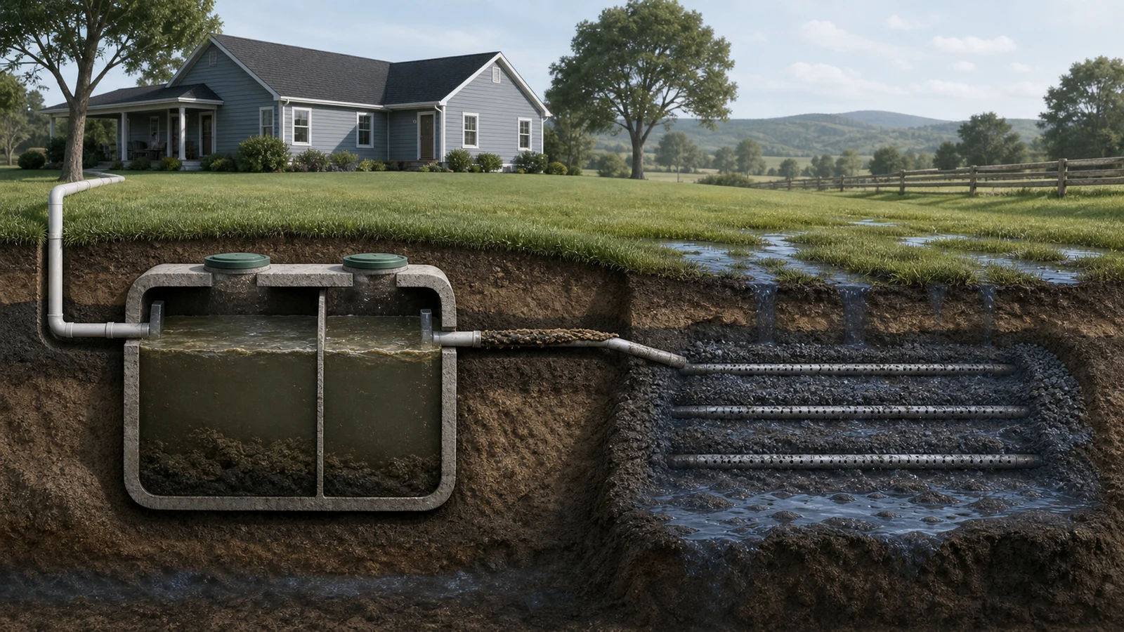 Diagram of common septic backup causes: a full tank, a blocked line and a saturated drain field