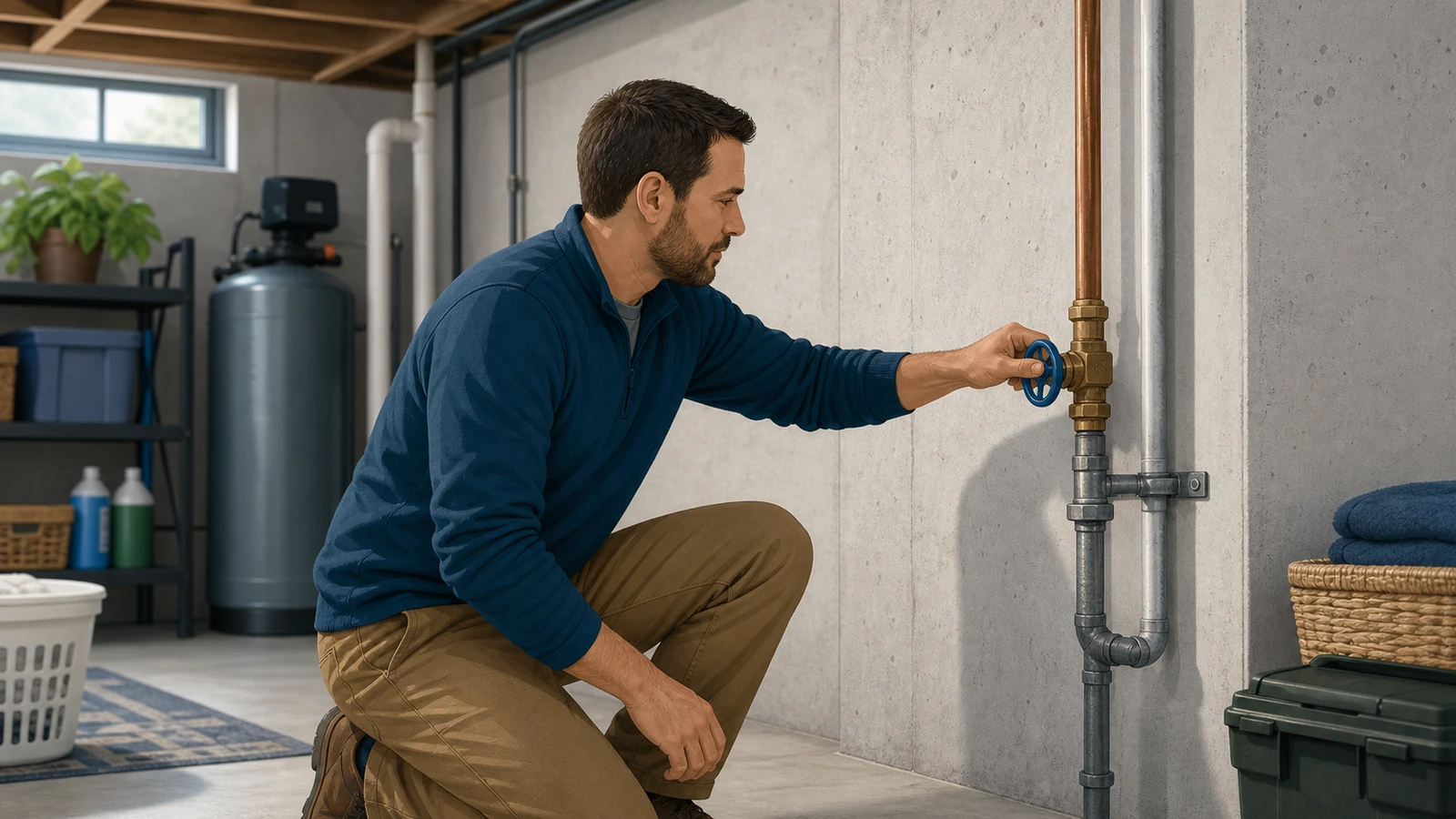 Illustration of a homeowner turning off water use at home while wastewater backs up in a lower drain