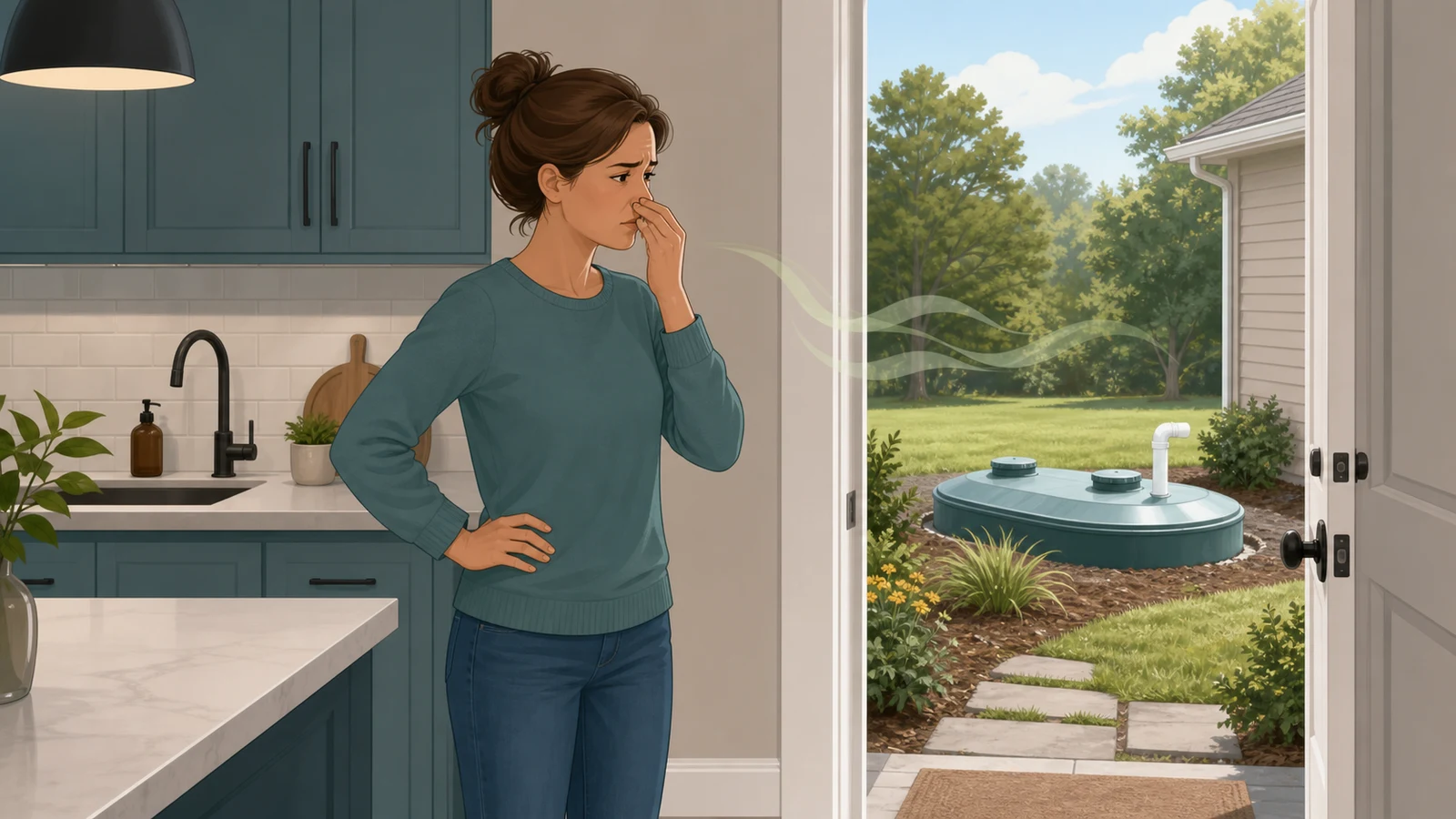 Homeowner noticing a septic odor indoors and near the tank area in the yard
